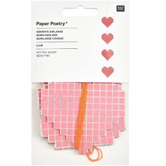 Genähte Girlande Pixel, Herzen, Neonpink FSC MIX, 2,3 m