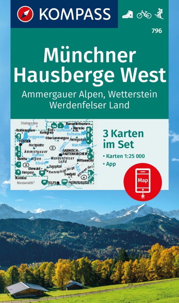 KOMPASS Wanderkarten-Set 796 Münchner Hausberge West, Ammergauer Alpen, Wetterstein, Werdenfelser Land (3 Karten) 1:25.000 main product photo