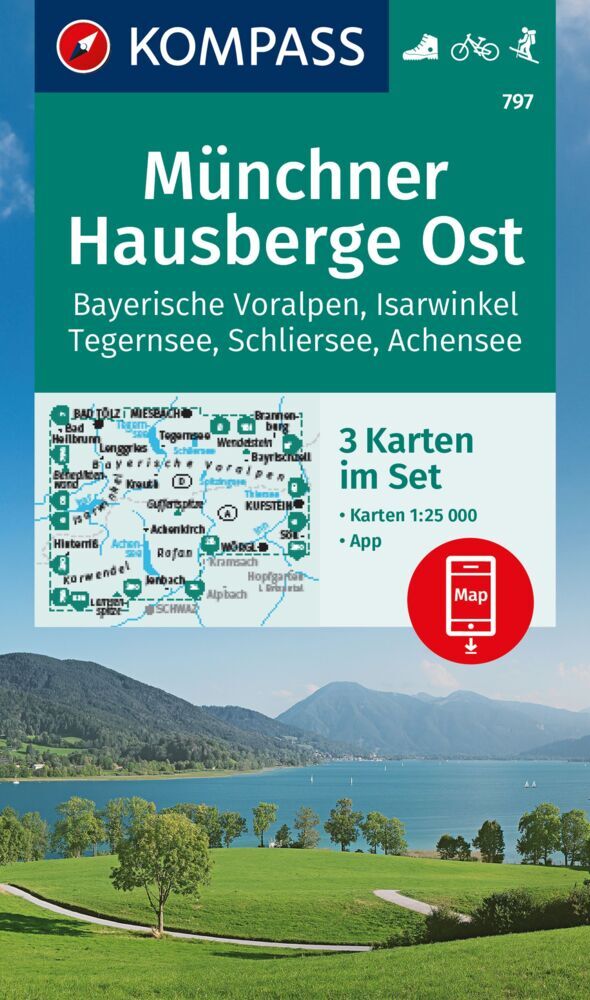 KOMPASS Wanderkarten-Set 797 Münchner Hausberge Ost, Bayerische Voralpen, Isarwinkel, Tegernsee, Schliersee, Achensee (3 Karten) 1:25.000 main product photo