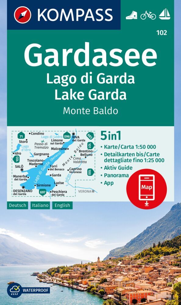 KOMPASS Wanderkarte 102 Gardasee, Lago di Garda, Lake Garda, Monte Baldo 1:50.000 main product photo