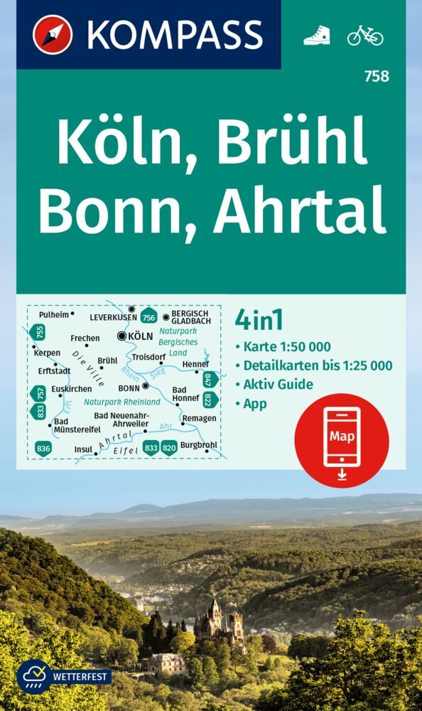 KOMPASS Wanderkarte 758 Köln, Brühl, Bonn, Ahrtal 1:50.000 main product photo