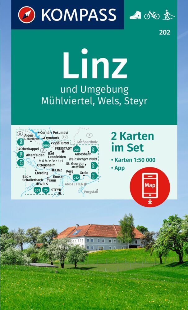 KOMPASS Wanderkarten-Set 202 Linz und Umgebung, Mühlviertel, Wels, Steyr (2 Karten) 1:50.000 main product photo