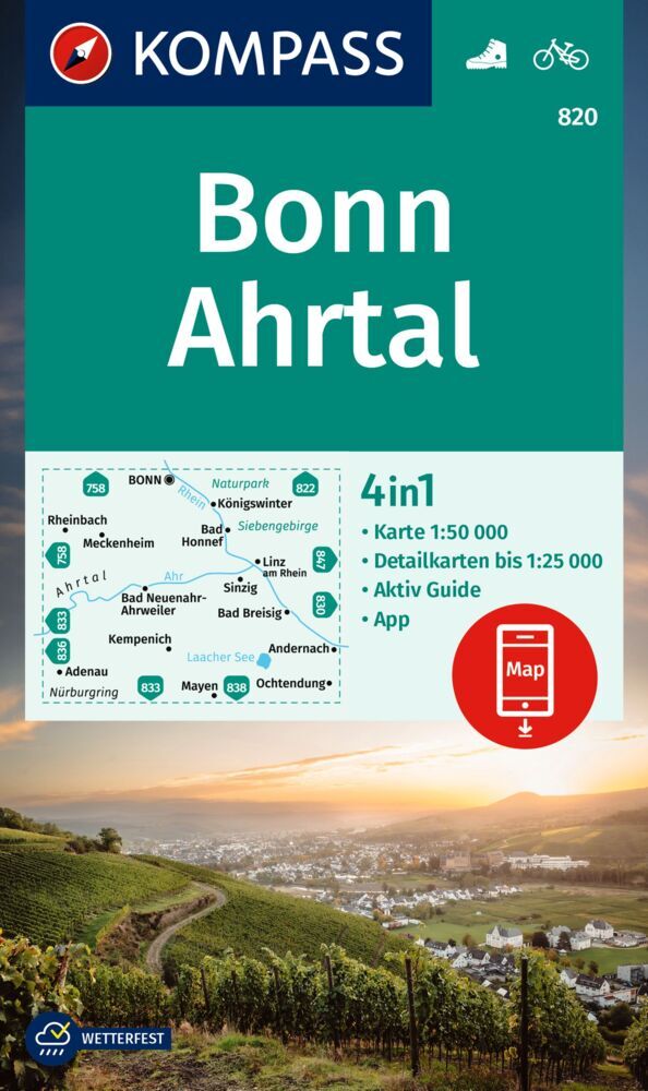 KOMPASS Wanderkarte 820 Bonn, Ahrtal 1:50.000 main product photo