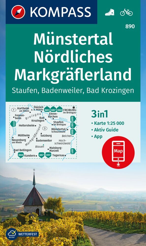KOMPASS Wanderkarte 890 Münstertal, Nördliches Markgräflerland, Staufen, Badenweiler, Bad Krozingen 1:25.000 main product photo