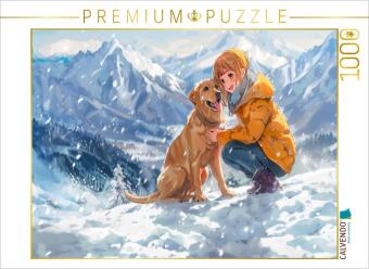 CALVENDO Puzzle Anime-Mädchen auf einer Winterwanderung in den Bergen mit Hund. | 1000 Teile Lege-Größe 64x48cm Foto-Puzzle für glückliche Stunden