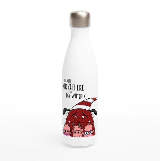 Weiße Edelstahl-Wasserflasche " Die drei Muckeltiere & der Wüterix" main product photo