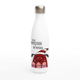 Weiße Edelstahl-Wasserflasche " Die drei Muckeltiere & der Wüterix"