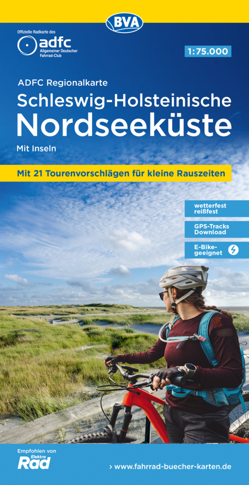 ADFC-Regionalkarte Schleswig-Holsteinische Nordseeküste mit Inseln, 1:75.000, mit Tagestourenvorschlägen, reiß- und wetterfest, E-Bike-geeignet, GPS-Tracks Download main product photo