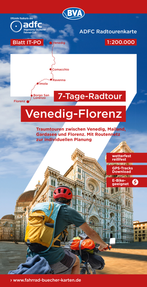 ADFC-Radtourenkarte IT-PO 7-Tage-Radtour Venedig-Florenz, 1:200.000, reiß- und wetterfest, E-Bike-geeignet, GPS-Tracks Download, mit Kilometer-Angaben main product photo