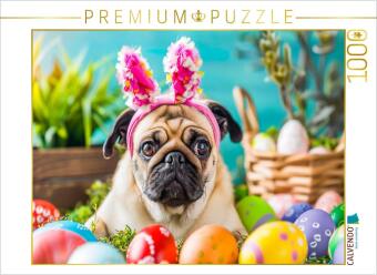 CALVENDO Puzzle Mops als Osterhase zwischen bunten Ostereiern | 1000 Teile Lege-Größe 64x48cm Foto-Puzzle für glückliche Stunden