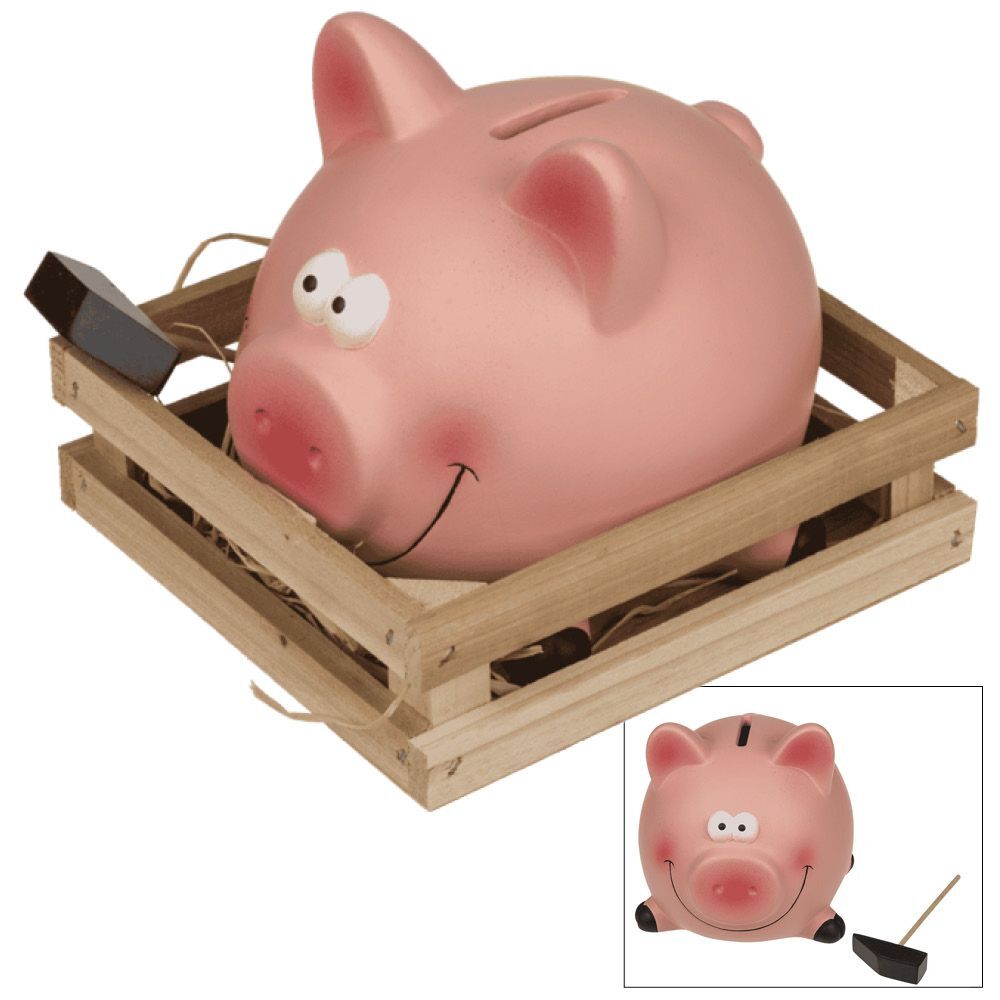 Sparschwein in Holzkiste mit Hammer main product photo