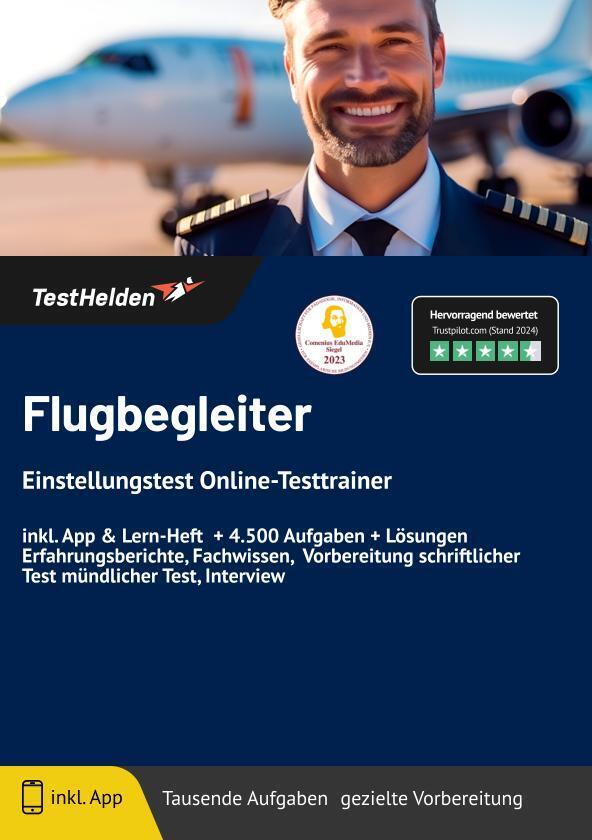 Flugbegleiter Einstellungstest Online-Testtrainer inkl. App & Mathe Lern-Buch I + 4.500 Aufgaben + Lösungen I Erfahrungsberichte, Logik, Allgemeinwissen, Sprache, Konzentration & Fachwissen main product photo