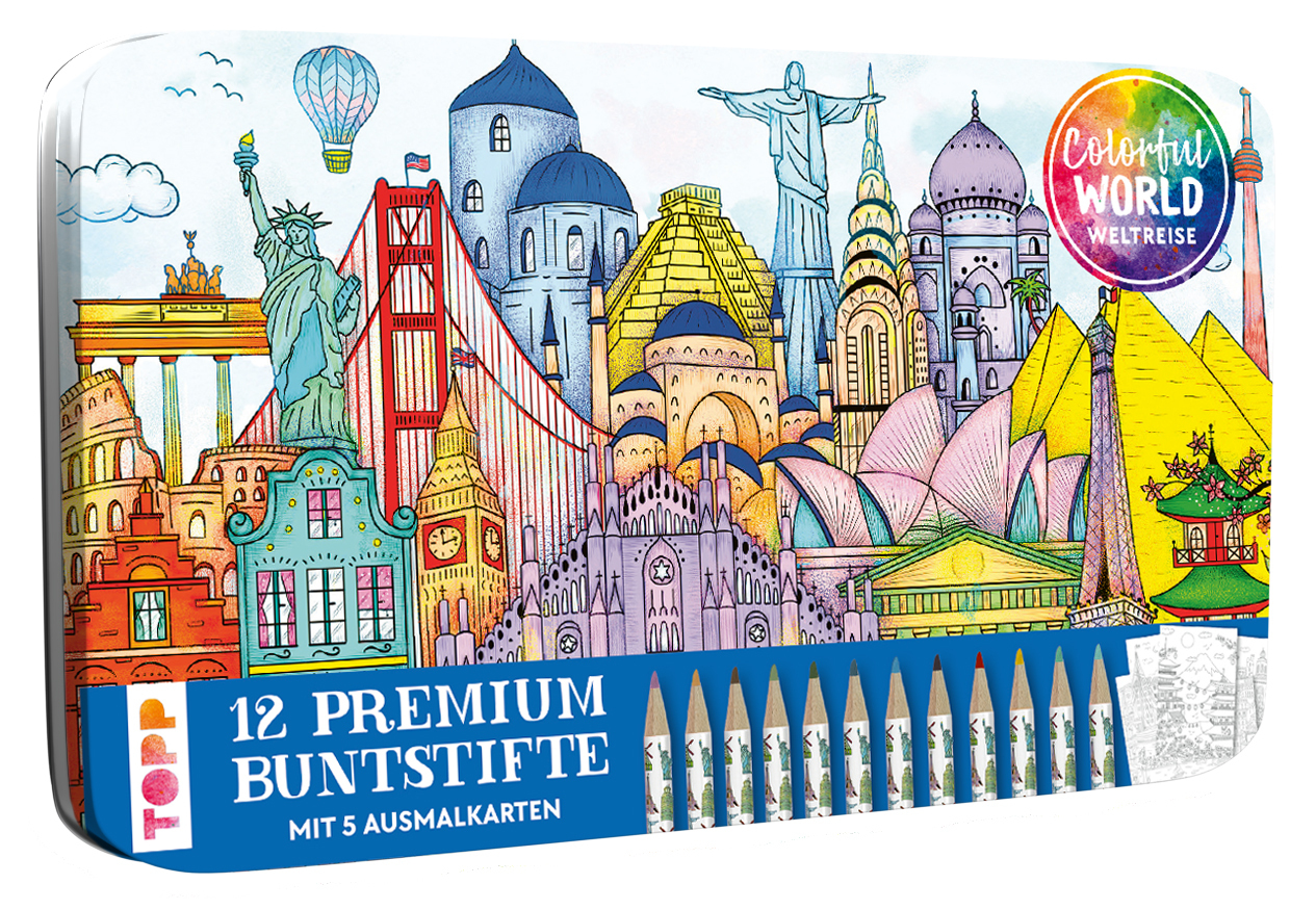 Colorful World Weltreise Designdose mit 12 Buntstiften main product photo