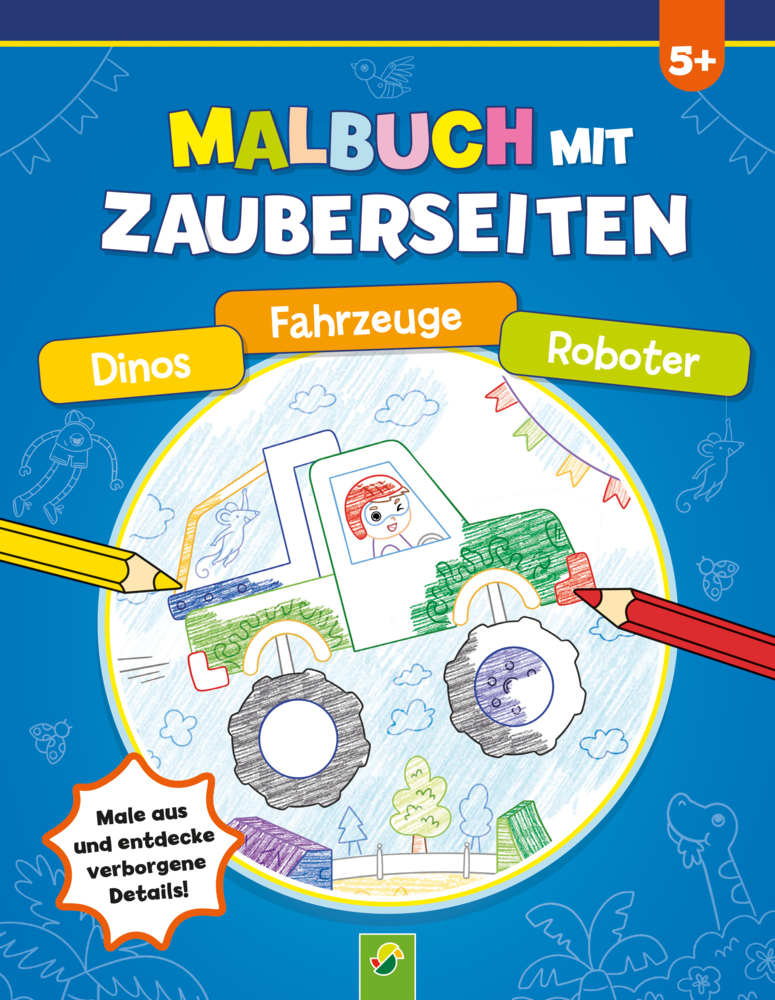 Malbuch mit Zauberseiten Dinos, Fahrzeuge, Roboter main product photo