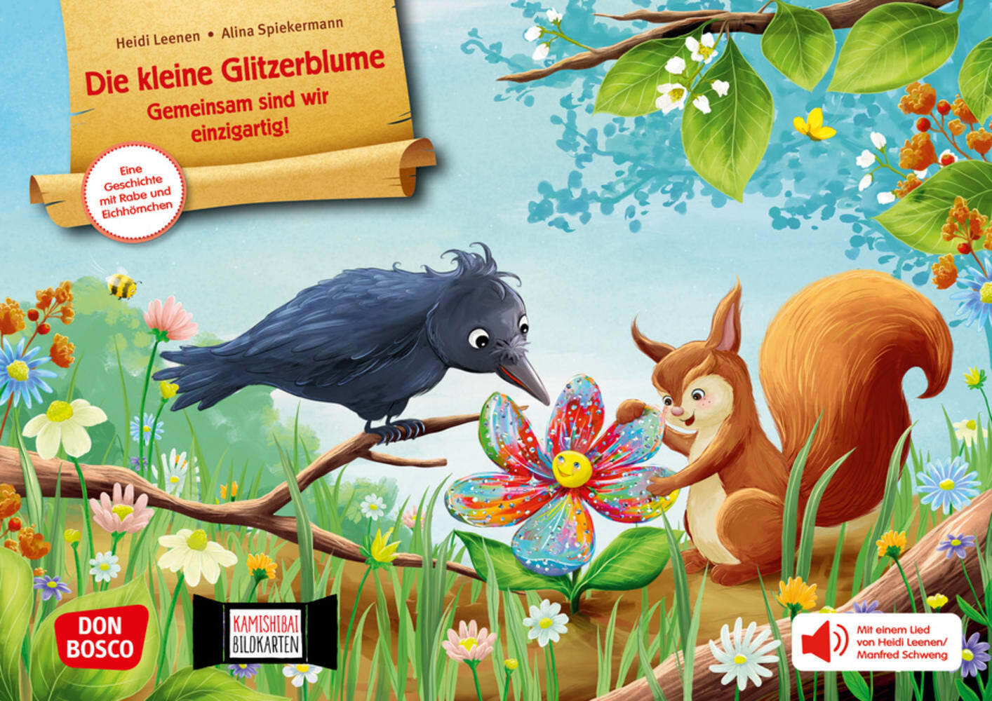 Die kleine Glitzerblume. Gemeinsam sind wir einzigartig! Eine Geschichte mit Rabe und Eichhörnchen. Kamishibai Bildkartenset, m. 1 Beilage main product photo