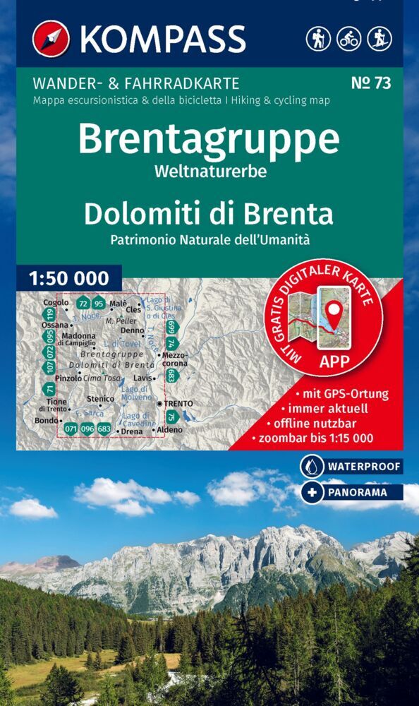 KOMPASS Wanderkarte 73 Brentagruppe, Weltnaturerbe / Dolomiti di Brenta 1:50.000 main product photo