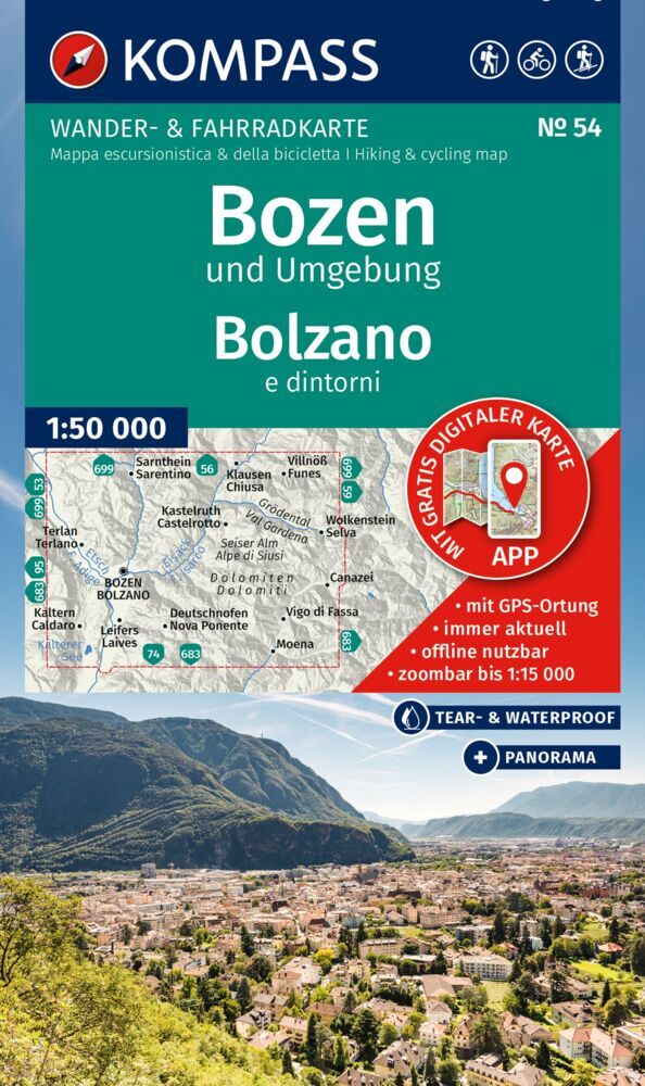 KOMPASS Wanderkarte 54 Bozen und Umgebung / Bolzano e dintorni 1:50.000 main product photo