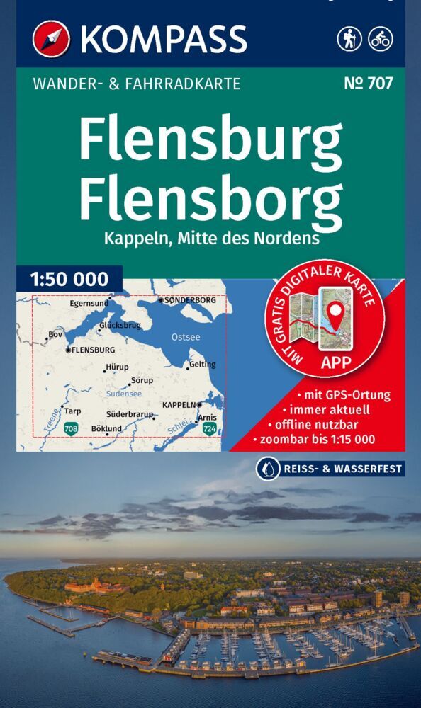 KOMPASS Wanderkarte 707 Flensburg / Flensborg - Kappeln, Mitte des Nordens 1:50.000 main product photo