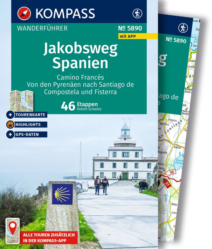 KOMPASS Wanderführer Jakobsweg Spanien, Camino Francés. Von den Pyrenäen nach Santiago de Compostela und Fisterra, 46 Etappen mit Extra-Tourenkarte main product photo