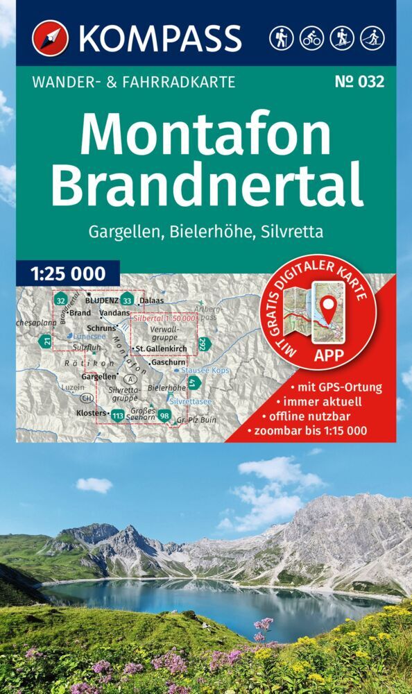 KOMPASS Wanderkarte 032 Montafon, Brandnertal, Gargellen, Bielerhöhe, Silvretta 1:25.000 main product photo