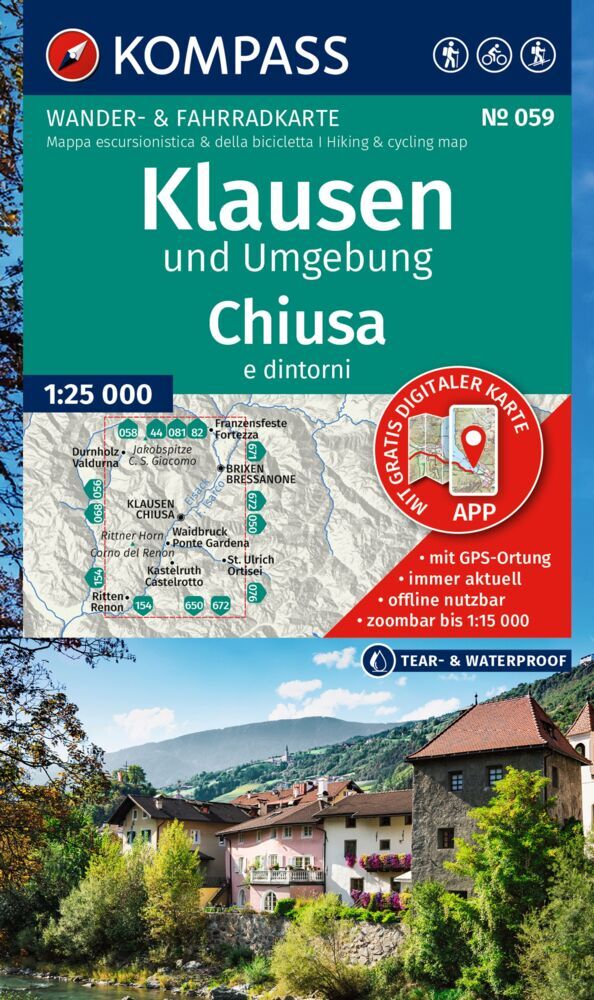 KOMPASS Wanderkarte 059 Klausen und Umgebung / Chiusa e dintorni 1:25.000 main product photo