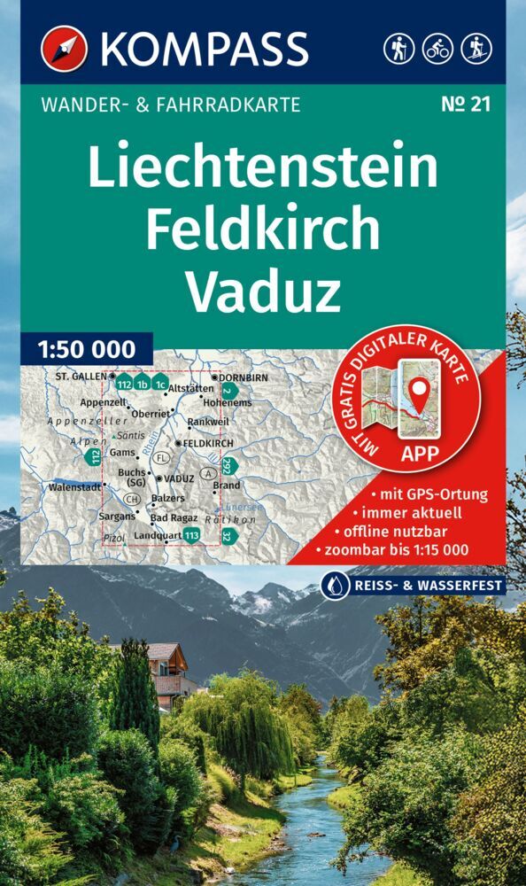 KOMPASS Wanderkarte 21 Liechtenstein, Feldkirch, Vaduz 1:50.000 main product photo