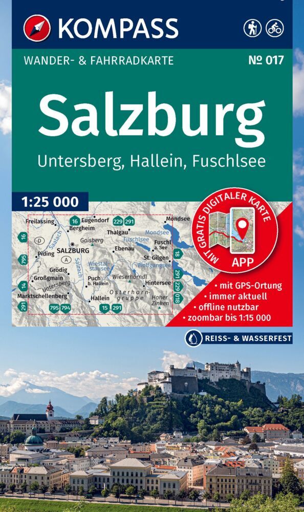 KOMPASS Wanderkarte 017 Salzburg, Untersberg, Hallein, Fuschlsee 1:25.000 main product photo
