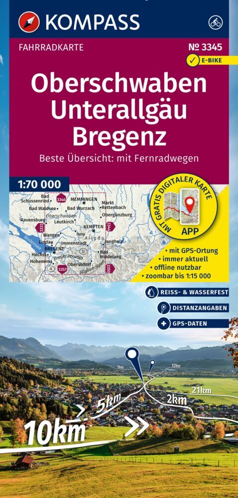 KOMPASS Fahrradkarte 3345 Oberschwaben, Unterallgäu, Bregenz 1:70.000 main product photo