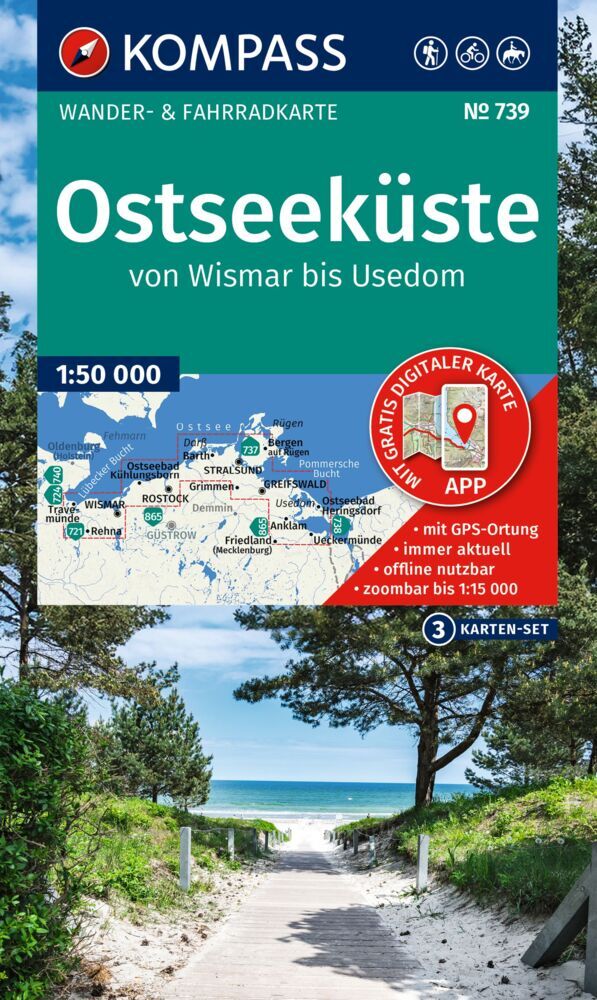KOMPASS Wanderkarten-Set 739 Ostseeküste, von Wismar bis Usedom (3 Karten) 1:50.000 main product photo