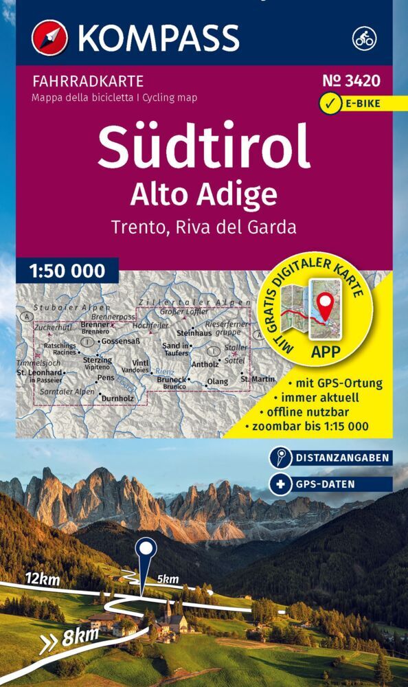 KOMPASS Fahrradkarte 3420 Südtirol / Alto Adige, Trento, Riva del Garda (4 Karten im Set) 1:50.000 main product photo