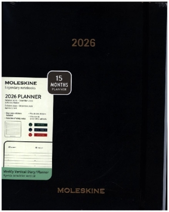 Moleskine 13 Monate Essential Wochenkalender, 1 Wo = 2 Seiten, vertikal, XXL, fester Einband, Schwarz