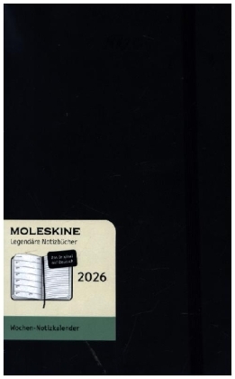 Moleskine 12 Monate Wochen Notizkalender Deutsch 2026, Large/A5, 1 Wo = 1 Seite, rechts linierte Seite, Weicher Einband, Schwarz