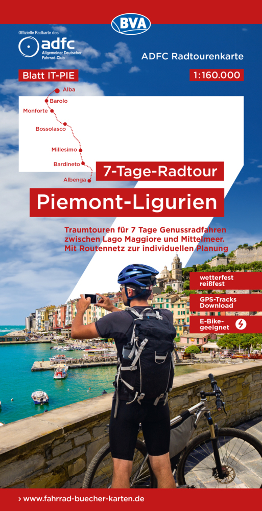 ADFC-Radtourenkarte IT-PIE 7-Tage-Radtour Piemont / Ligurien, 1:160.000, reiß- und wetterfest, E-Bike geeignet, GPS-Tracks Download, mit Kilometer-Angaben main product photo