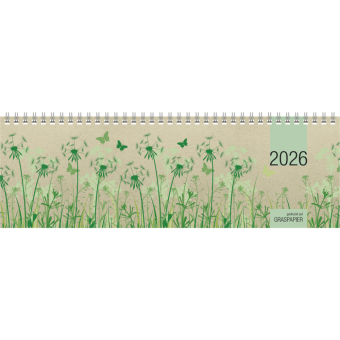 Tischquerkalender Graspapier 2026 - 32x10,5 cm - 1 Woche auf 2 Seiten - nachhaltiger Bürokalender - Stundeneinteilung 8 - 20 Uhr - 159-0640