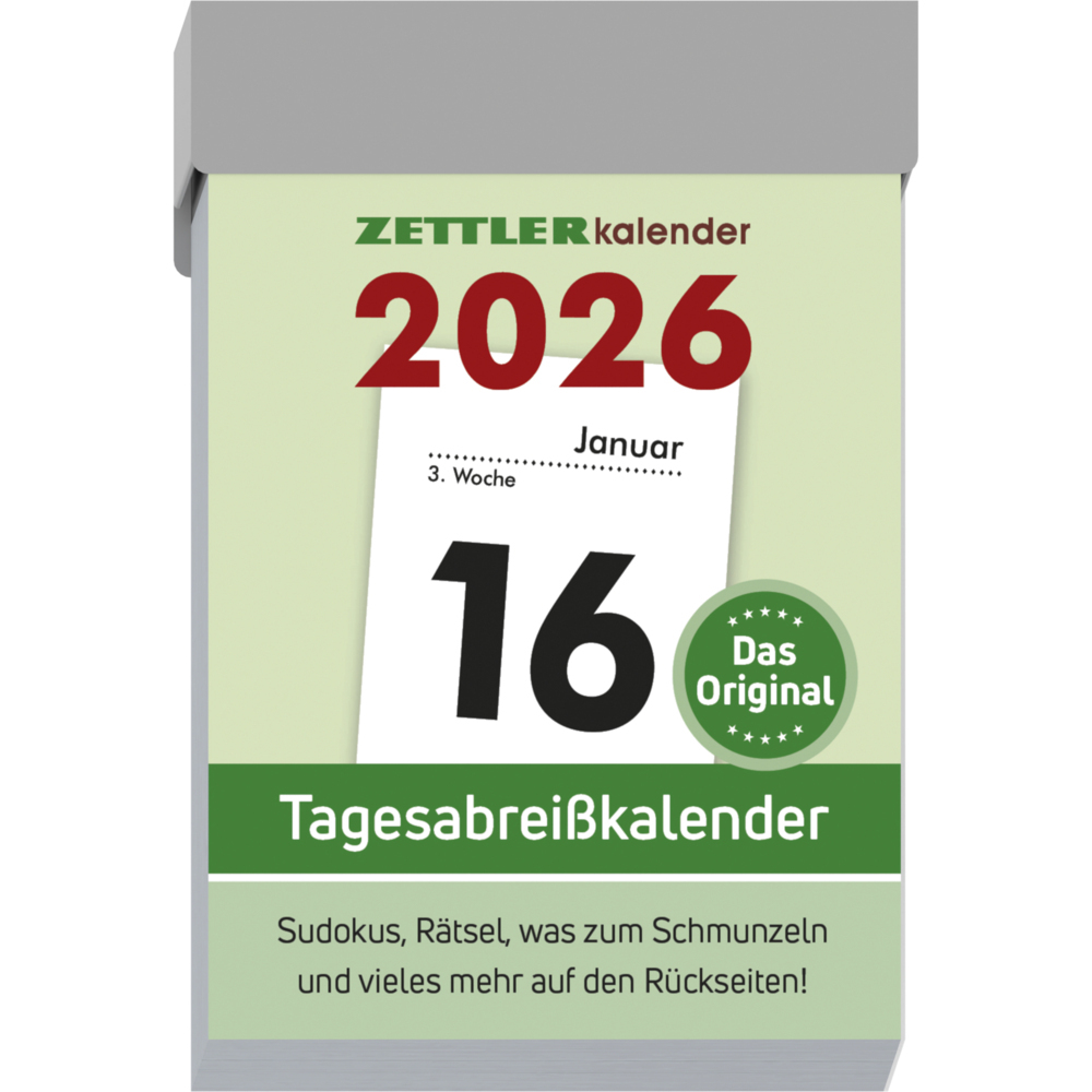 Tagesabreißkalender S 2026 - 4,1x5,9 cm - 1 Tag auf 1 Seite - mit Sudokus, Rezepten, Rätseln uvm. auf den Rückseiten - Bürokalender 301-0000 main product photo