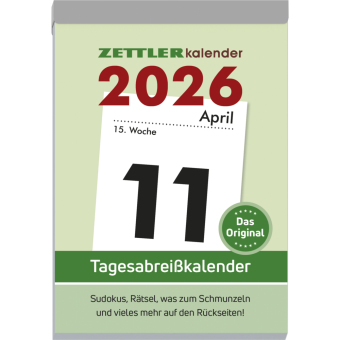 Tagesabreißkalender XXL 2026 - 9,9x14,3 cm - 1 Tag auf 1 Seite - mit Sudokus, Rezepten, Rätseln uvm. auf den Rückseiten - Bürokalender 313-0000