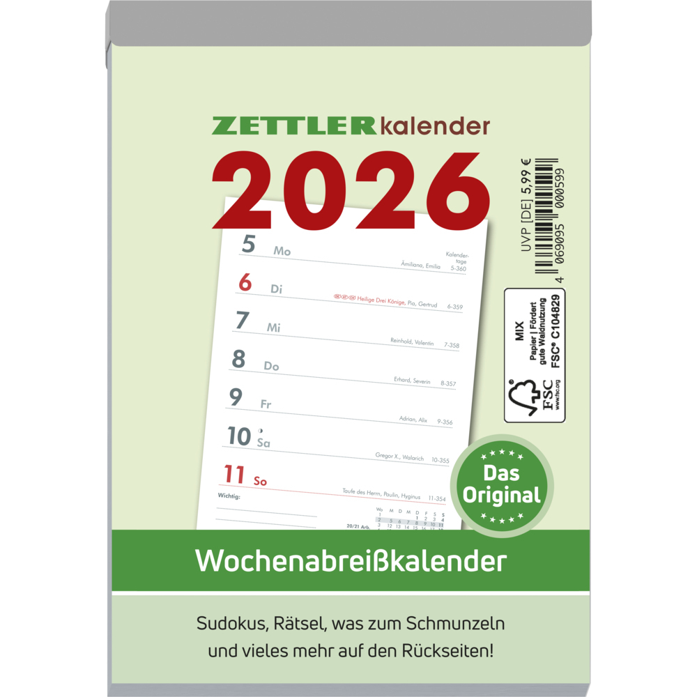 Wochenabreißkalender 2025 - 10,5x14,6 cm - 1 Woche auf 1 Seite - mit Sudokus, Rezepten, Rätseln uvm. auf den Rückseiten - Bürokalender 325-0000 main product photo