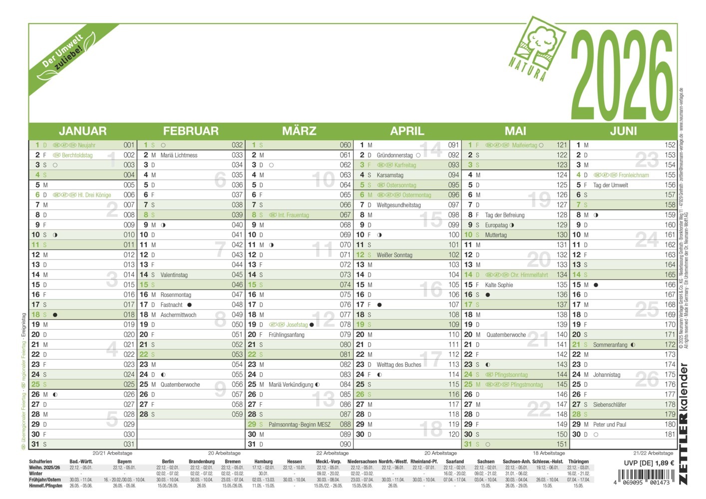 Arbeitstagekalender Recycling 2026 - A4 (29,7 x 21 cm) - 6 Monate auf 1 Seite - Blauer Engel - Tafelkalender - Plakatkalender - Jahresplaner - 907-0700 main product photo