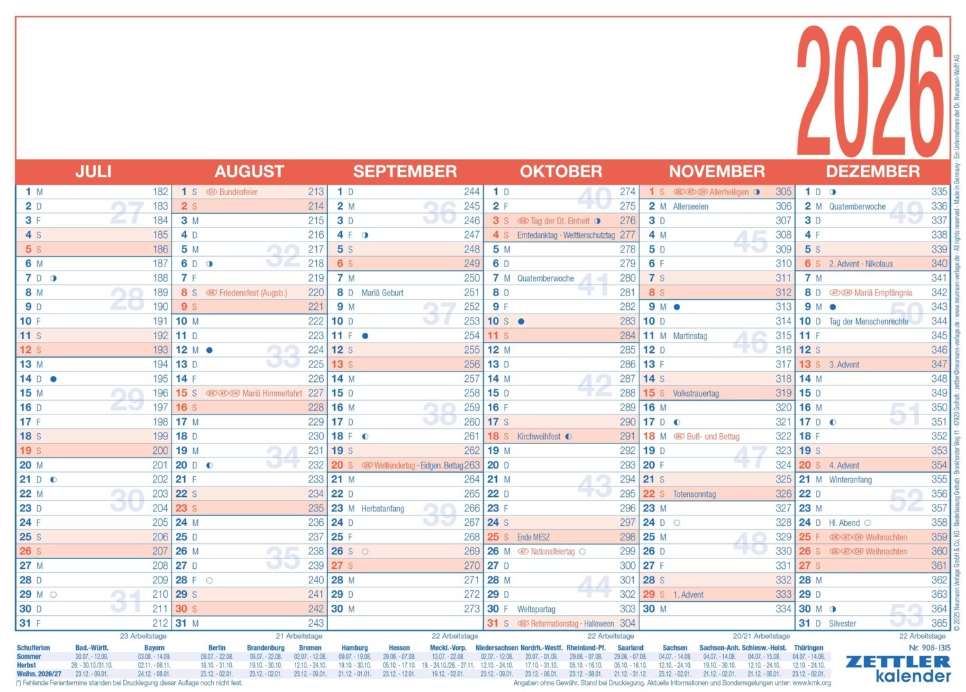 Arbeitstagekalender 2026 - A4 (29 x 21 cm) - 6 Monate auf 1 Seite - Tafelkalender - auf Pappe kaschiert - Jahresplaner - 908-1315 main product photo