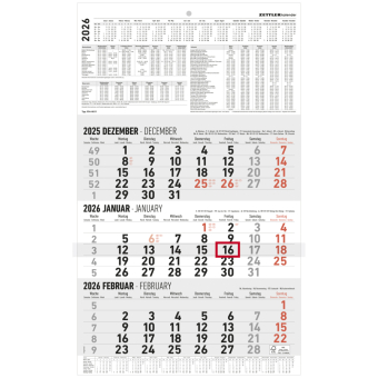 3-Monatskalender groß 2026 - Büro-Kalender 30x48,8 cm (geöffnet) - mit Datumsschieber - Zettler - 954-0011