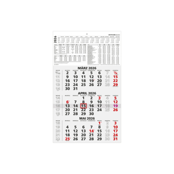 3-Monatskalender schwarz/rot 2026 - 29,7x48,8 - mit Kopftafel - Datumsschieber - 956-0000