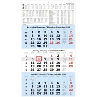 3-Monatskalender blau 2026 - 33x45 - mit Kopftafel - Datumsschieber - 958-0015