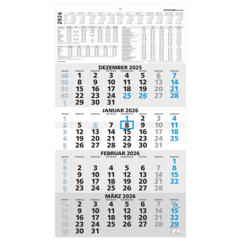 4-Monatskalender blau 2026 - 33x45 - mit Kopftafel - Datumsschieber -    959-0015-1