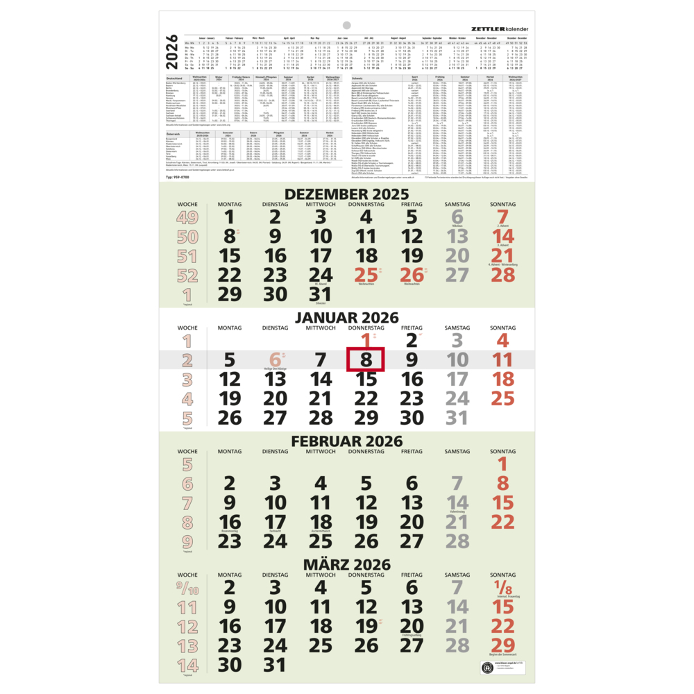 4-Monatskalender Recycling 2026 - 33x45 cm - mit Kopftafel und Datumsschieber - Blauer Engel - Mehrmonatsplaner - 959-0700 main product photo