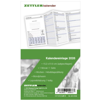 Kalender-Ersatzeinlage 2026 - für den Taschenplaner Leporello Typ 501 - 8,8 x 15,2 cm - 1 Monat auf 1 Seite - separates Adressheft - 501-6198