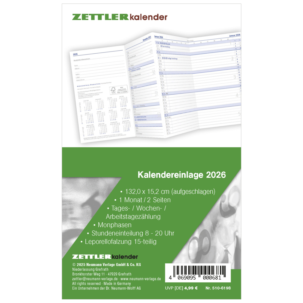 Kalender-Ersatzeinlage 2026 - für den Taschenplaner Leporello Typ 510 - 8,8 x 15,2 cm - 1 Monat auf 2 Seiten - separates Adressheft - 501-6198 main product photo
