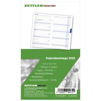 Kalender-Ersatzeinlage 2026 - für den Taschenplaner Typ 520 - 8,8x15,2 cm - 1 Monat auf 2 Seiten - separates Adressheft - faltbar - Notiz-Heft - 520-6198