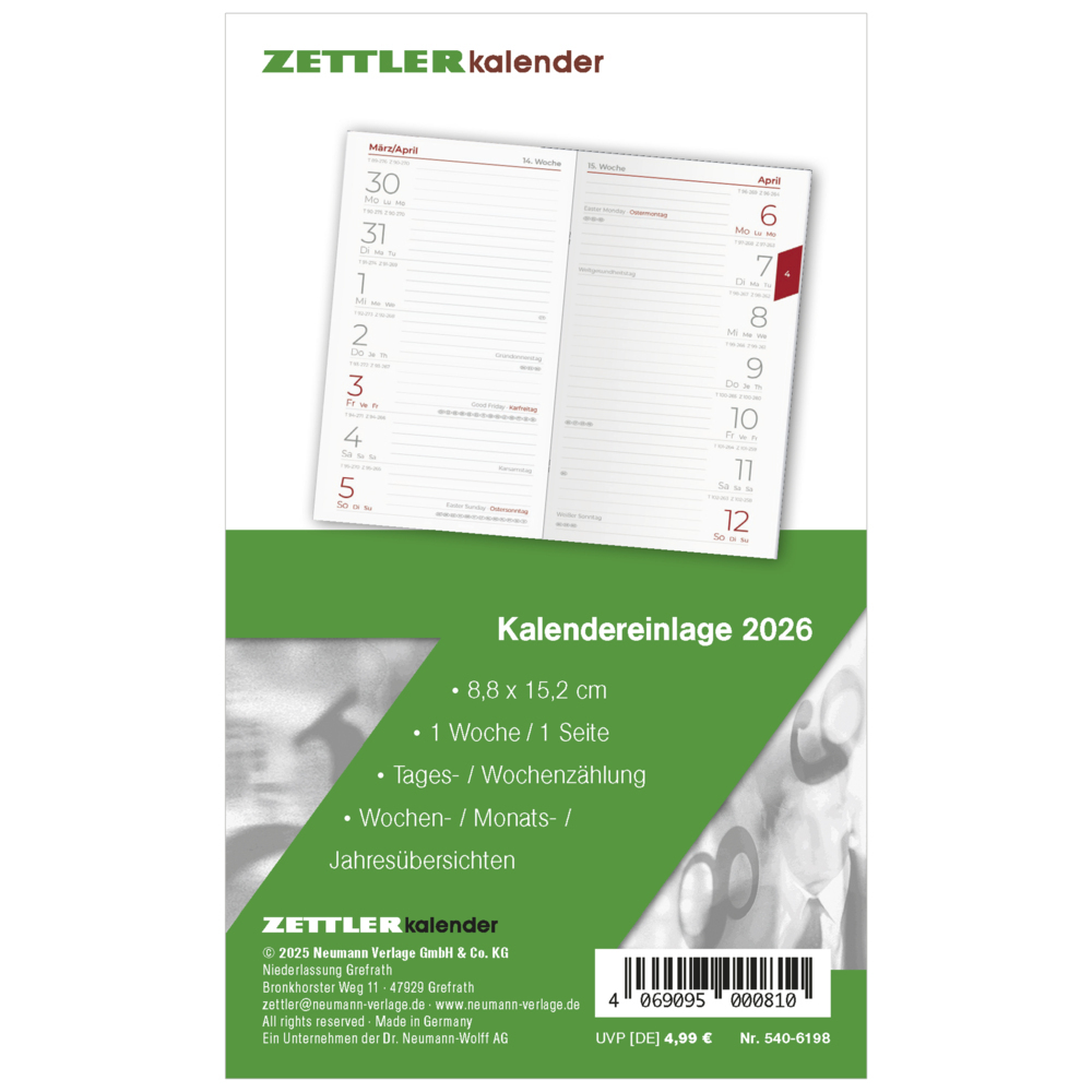 Kalender-Ersatzeinlage 2026 - für den Taschenplaner Typ 540 - 8,8x15,2 cm - 1 Woche auf 1 Seiten - separates Adressheft - faltbar - Notizheft - 540-6198 main product photo