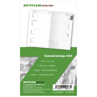 Kalender-Ersatzeinlage 2026 - für den Taschenplaner Typ 560 - 8,8x15,2 cm - 1 Woche auf 2 Seiten - separates Adressheft - Notizheft - 560-6198