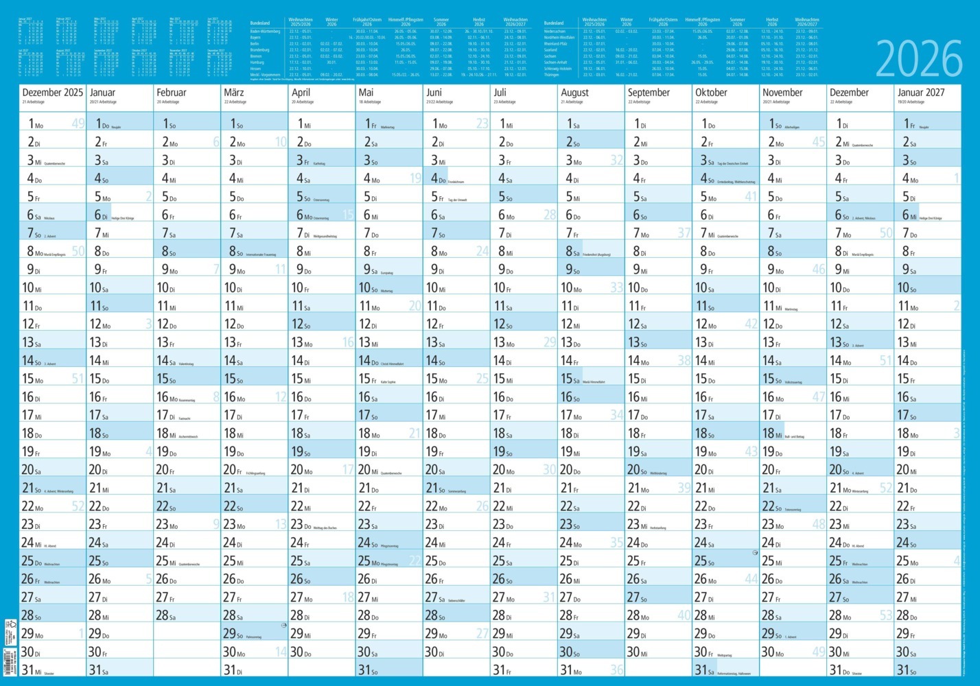 Jahresplaner 14 Monate foliert 2026 - Plakat-Kalender 86x61 cm - abwischbar - Ferienübersicht - Arbeitstagezählung - Zettler main product photo